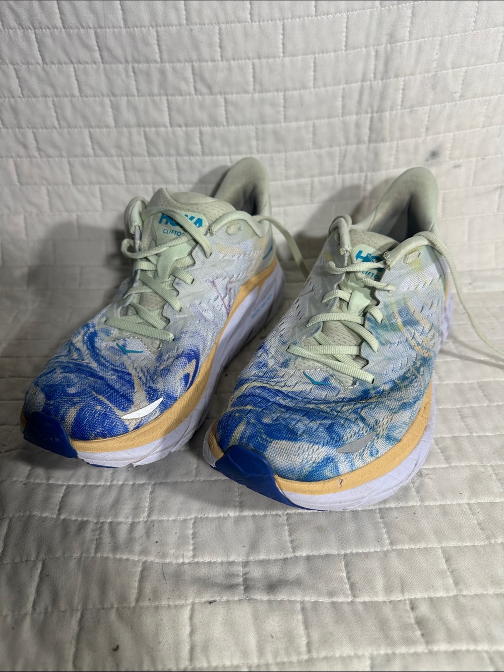 Hoka Clifton 8 Women’s Blue Marble Athletic Running Shoes with Yellow Accents